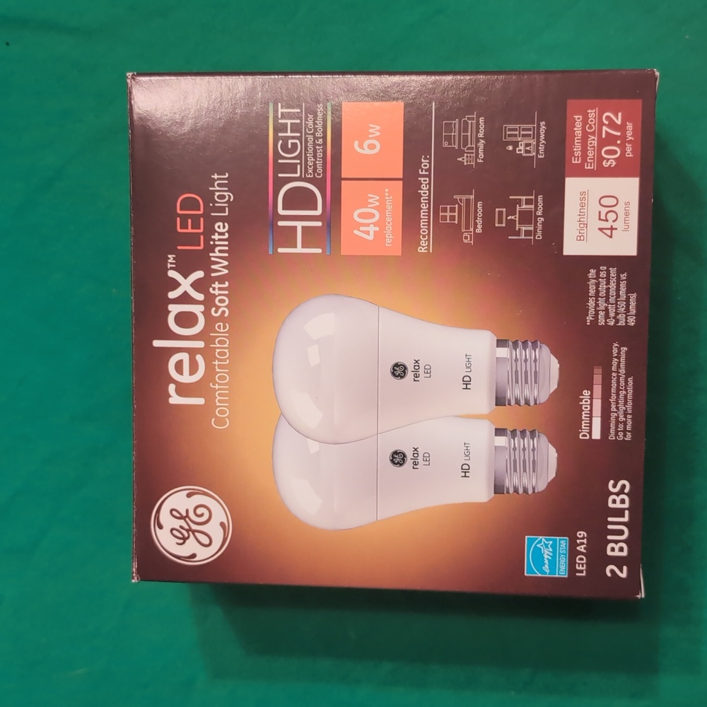 GE Relax LED Light Bulbs\2 Pack 40 Watt Soft White A19 New